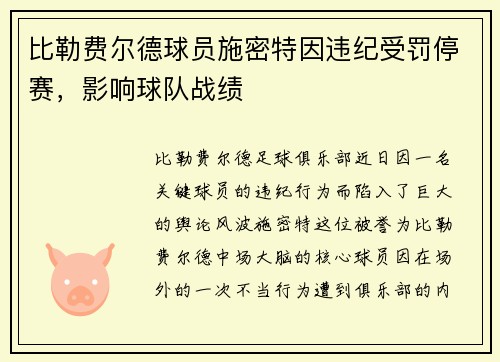比勒费尔德球员施密特因违纪受罚停赛，影响球队战绩